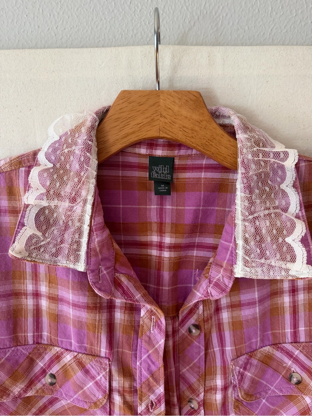 wild fable Pink Plaid Lace-Trim Button Down Shirt NWOT - Picture 3 of 6